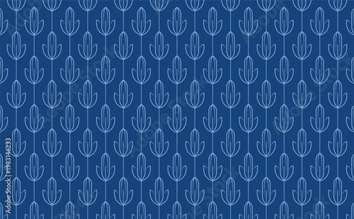 Blue Seamless Minimalist Botanical Pattern with Stylized Leaf Motif on Neutral Background