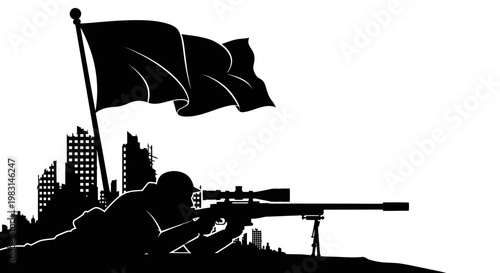 Sniper Silhouette with Flag and Cityscape, Military Action, War Concept