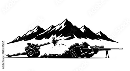 Sniper Soldier Aiming Rifle with Artillery Gun and Mountains Background