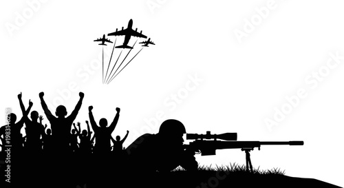 Sniper Aims at Crowd Cheering for Military Aircraft in Silhouette
