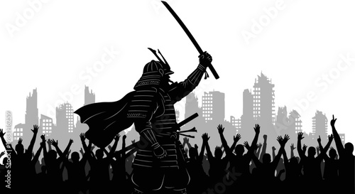 Samurai Warrior Silhouette with Raised Sword Over Ruined City and Crowd