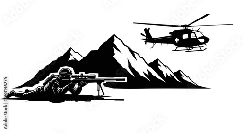 Sniper Soldier and Medical Helicopter in Mountains - Military Operation