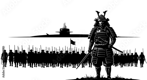 Samurai Warrior Stands Before Submarine and Army Silhouette