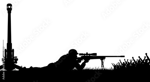 Sniper Soldier Silhouette with Artillery Gun and Grass Field