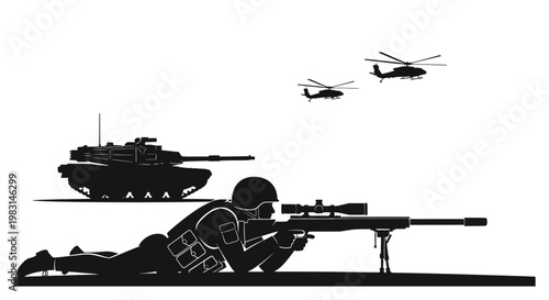 Sniper Soldier, Tank, and Helicopters in Silhouette - Military Action Scene