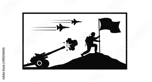 Soldier Planting Flag on Hilltop with Jets and Artillery Fire - Victory Concept