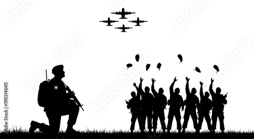 Soldier Kneeling, Troops Cheering, Airplanes Flying Overhead, Military Parade Silhouette