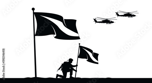 Soldier Planting Flag with Helicopters Flying Overhead - Military Victory Symbol