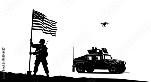 Soldier Raising US Flag Beside Humvee and Drone, Symbolizing Military Power and Surveillance