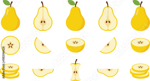 Yellow Pear Vector Set with Whole, Halved, Sliced, Wedge, Round Slices and Core Pieces in Flat Style for Fresh Food and Nutrition Design