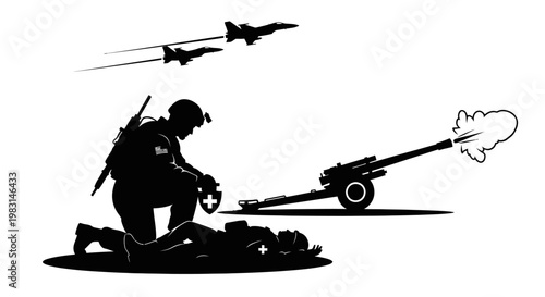 Soldier providing medical aid to wounded comrade during aerial combat and artillery fire