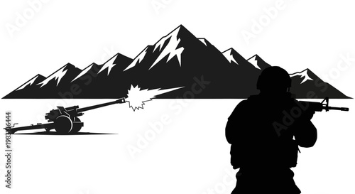 Soldier silhouetted against mountains firing artillery, combat, war, military action