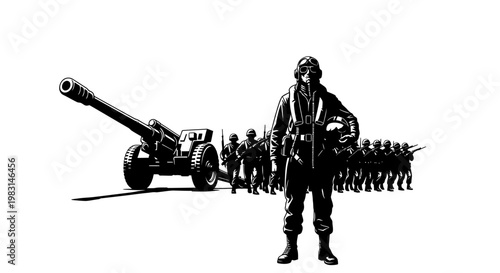 Soldier with Artillery and Army Behind, Military Power, War Concept