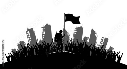 Soldier with Flag on Ruined City Hilltop, Victory Celebration Silhouette