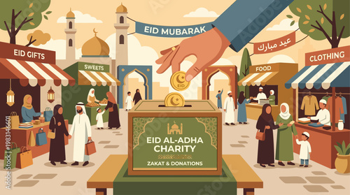 A compassionate flat design illustration depicting the act of giving Zakat charity during Eid al-Adha, set against a vibrant market backdrop.