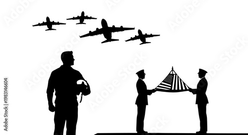 Veterans honored with flag ceremony and flyover, symbolizing patriotism and remembrance