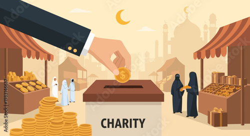 A compassionate flat design illustration depicting the act of giving Zakat charity during Eid al-Adha, set against a vibrant market backdrop.
