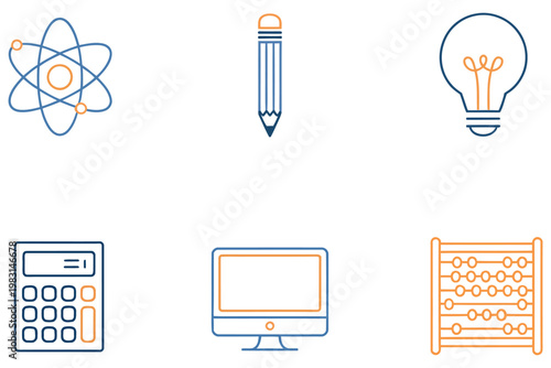 Learning and education icon set with science and math study tools, including stationery, formulas, microscope, abacus, and academic symbols representing teaching, knowledge, and classroom learning