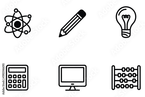 Learning and education icon set showing variety of tools used in science and math for teaching and studying, including book, ruler, calculator, microscope, and graduation cap symbols, vector