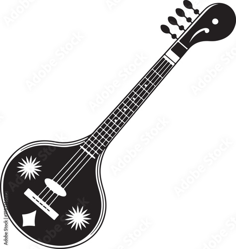 Black Banjo with White Decorations Isolated on White Background