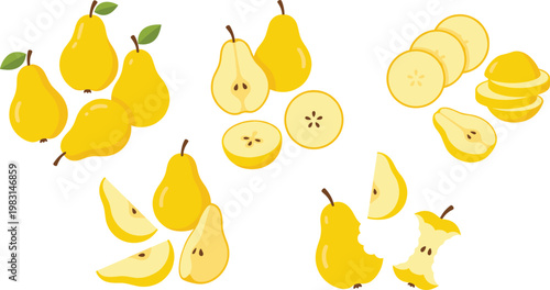 Yellow Pear Fruit Vector Set with Whole, Halved, Sliced, Wedge and Core Pieces in Flat Style for Fresh Food Design and Healthy Nutrition Graphics
