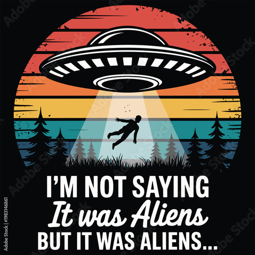 UFO Abducting Human Silhouette with Retro Sunset BackgroundStock Illustration