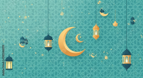 An elegant flat design illustration showcasing a beautiful Islamic geometric pattern subtly integrated with Eid al-Adha festive elements like lanterns and crescent moons.