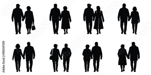Senior couple silhouettes walking together, set of 8 elderly pairs holding hands, black vector silhouettes of mature people strolling