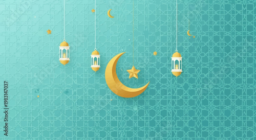 An elegant flat design illustration showcasing a beautiful Islamic geometric pattern subtly integrated with Eid al-Adha festive elements like lanterns and crescent moons.