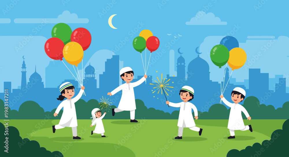 Fototapeta premium A lively flat design illustration capturing the pure joy of children celebrating Eid al-Adha with balloons and sparklers in a park. This vector artwork radiates happiness and festive spirit.