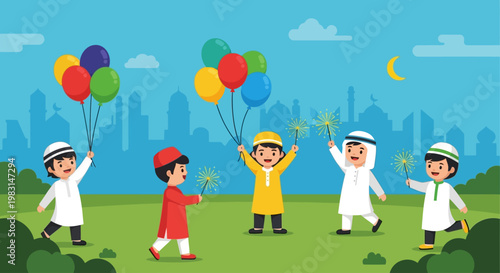 A lively flat design illustration capturing the pure joy of children celebrating Eid al-Adha with balloons and sparklers in a park. This vector artwork radiates happiness and festive spirit.