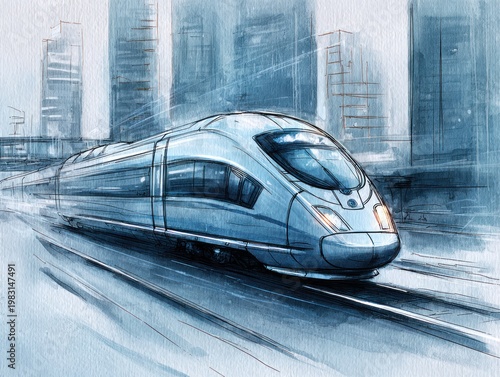 Watercolor illustration of a sleek, futuristic high-speed train in a stylized urban setting