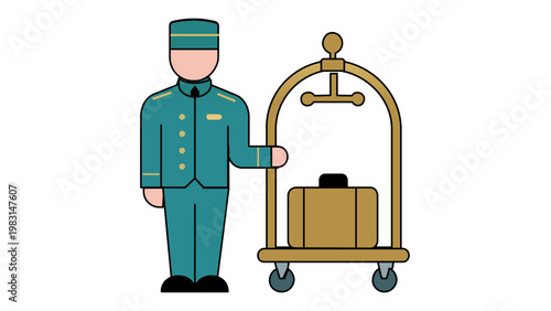 Flat vector icon illustration of a professional hotel bellhop in a teal uniform standing next to a gold luggage cart with a suitcase, symbolizing premium hospitality and guest service.
