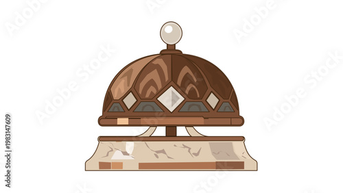 Elegant concierge bell vector icon illustration for hospitality management and luxury hotel service. Stylized desk bell with wood texture dome, diamond patterns, and marble base, AI-generated.