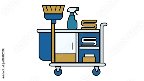 Professional hotel housekeeping cleaning cart vector illustration icon with broom, spray bottle, and folded towels. Minimalist flat design for hospitality management and janitorial services.