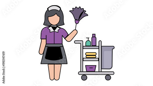 Professional hotel maid or housekeeper vector illustration icon featuring a female staff member in uniform with a feather duster and cleaning service cart for hospitality management concepts.