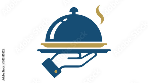 Elegant vector icon illustration of a hand holding a tray with a steaming cloche food cover, representing luxury hospitality management, fine dining, catering services, and hotel room service.
