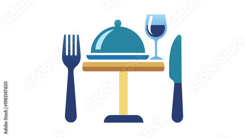 Minimalist vector icon illustration of a restaurant dining table featuring a food cloche, elegant wine glass, fork, and knife, perfect for hospitality management and fine dining service themes.