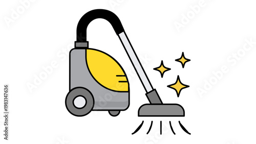 Yellow and grey vacuum cleaner vector icon illustration for hotel lounge maintenance and hospitality management. Minimalist flat design showing a sparkling clean floor for cleaning services.