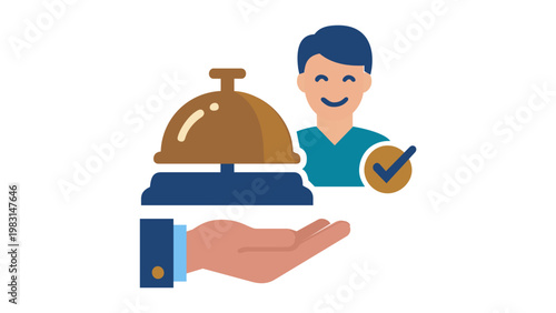 Vector illustration of a hotel reception desk icon featuring a service bell on a hand, a smiling concierge character, and a checkmark symbol for professional hospitality management services.