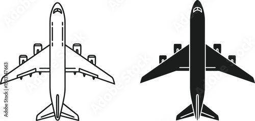 Airplane top view outline and silhouette set, vector illustration of aircraft isolated on clean background for aviation and transport design