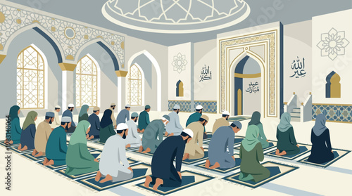 A tranquil flat design illustration depicting a diverse Muslim community performing the Eid prayer in a mosque, emphasizing unity and devotion.