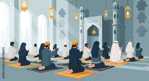 A tranquil flat design illustration depicting a diverse Muslim community performing the Eid prayer in a mosque, emphasizing unity and devotion.