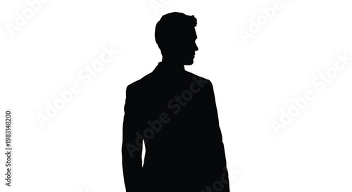 Minimalist vector graphic illustration of a professional businessman in a sharp suit standing alone and looking toward the side representing leadership and formal corporate success