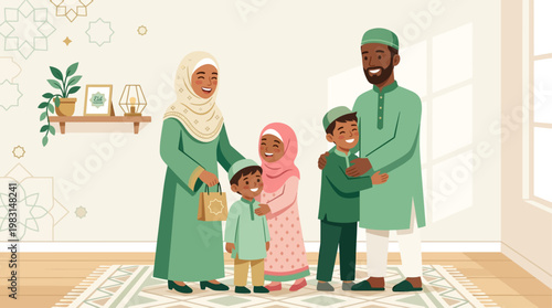 A heartwarming flat design illustration depicting a diverse Muslim family celebrating Eid al-Adha, exchanging greetings in a modern, minimalist home.