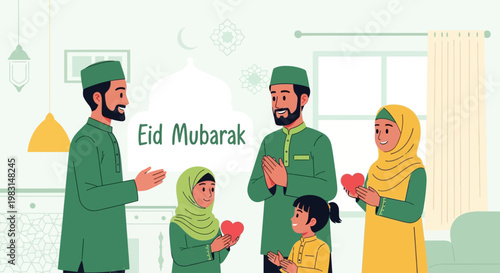 A heartwarming flat design illustration depicting a diverse Muslim family celebrating Eid al-Adha, exchanging greetings in a modern, minimalist home.