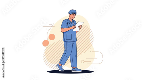 Doctor walking and reviewing medical chart, healthcare professional illustration