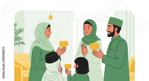 A heartwarming flat design illustration depicting a diverse Muslim family celebrating Eid al-Adha, exchanging greetings in a modern, minimalist home.