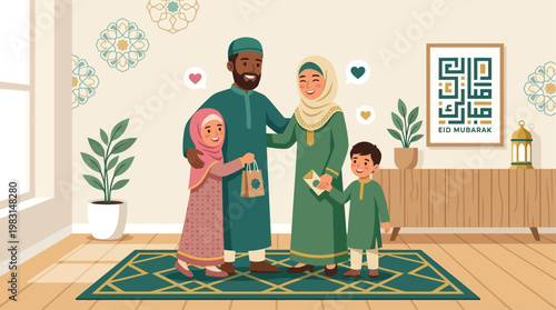 A heartwarming flat design illustration depicting a diverse Muslim family celebrating Eid al-Adha, exchanging greetings in a modern, minimalist home.
