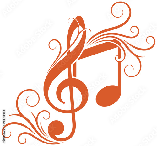 Elegant orange musical notes decorated with intricate swirly floral patterns isolated on a clean white background design